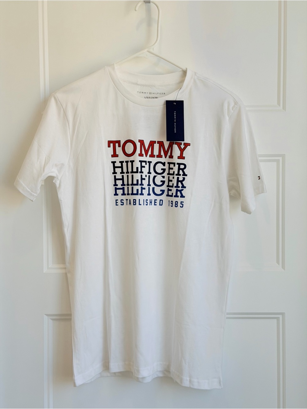 Tommy Hilfiger White Tee with Red and Navy Stacked Logo